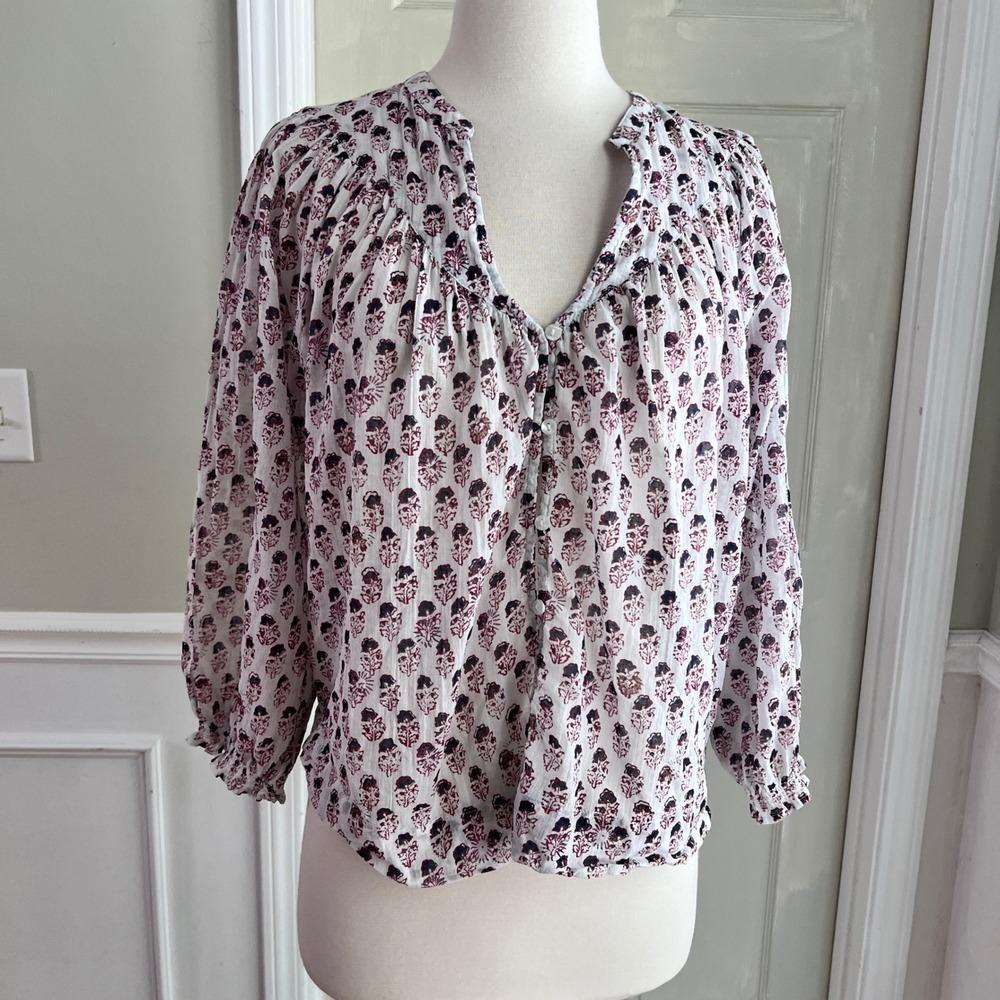 M.A.B.E. Floral Block Print Blouse M Women Cotton Boho Peasant Top White Prairie